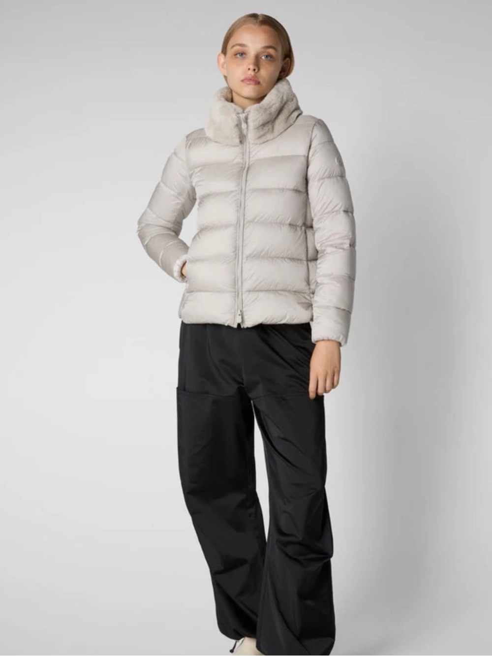 SAVE THE DUCK Mei Light Gray Puffer Jacket with Faux Fur Collar